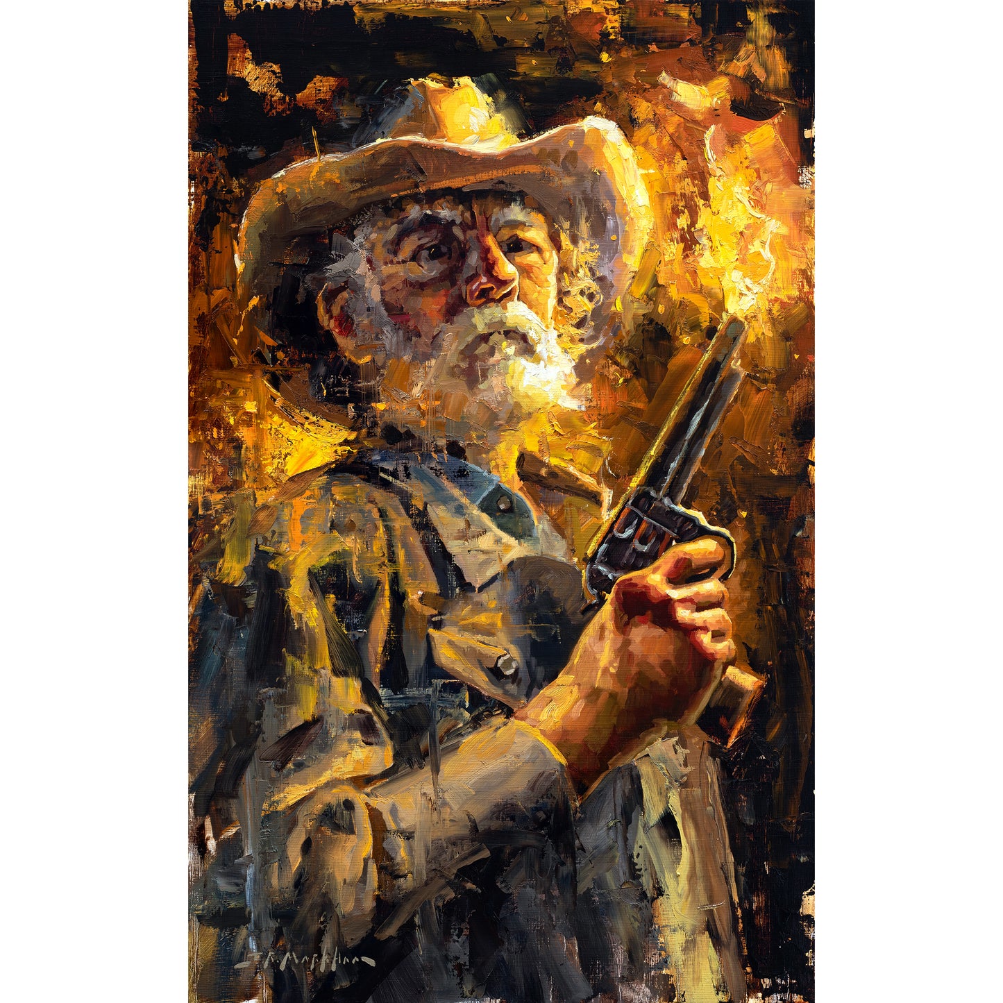 Cowboy art canvas print available in multiple sizes. Cowboy with gun Give Me Liberty by artist Jerry Markham. Cowboy wall art print, cowboy print, cowboy decor, western wall art print, western decor.
