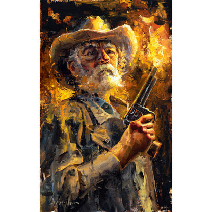Cowboy art canvas print available in multiple sizes. Cowboy with gun Give Me Liberty by artist Jerry Markham. Cowboy wall art print, cowboy print, cowboy decor, western wall art print, western decor.
