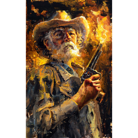 Cowboy art canvas print available in multiple sizes. Cowboy with gun Give Me Liberty by artist Jerry Markham. Cowboy wall art print, cowboy print, cowboy decor, western wall art print, western decor.