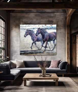 Horse art painting of two dark horses running. Modern horse art impressionist available as limited edition canvas print in multiple sizes.