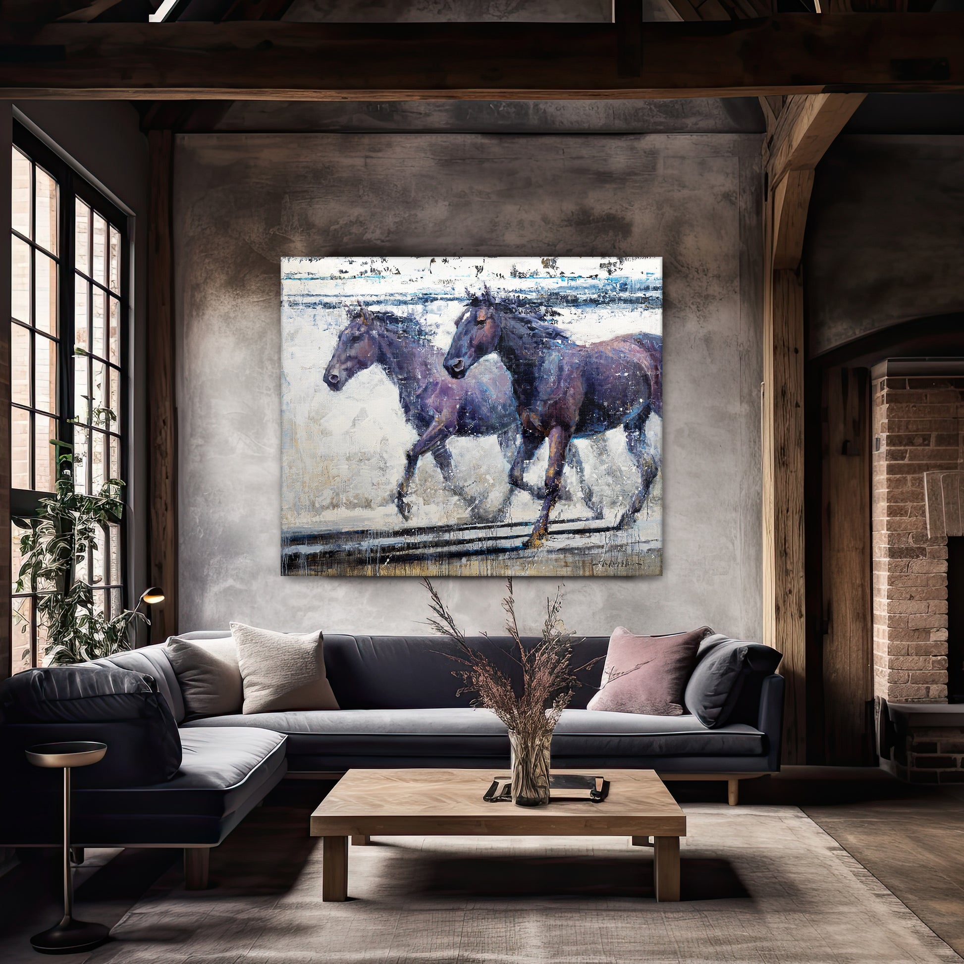 Horse art painting of two dark horses running. Modern horse art impressionist available as limited edition canvas print in multiple sizes.