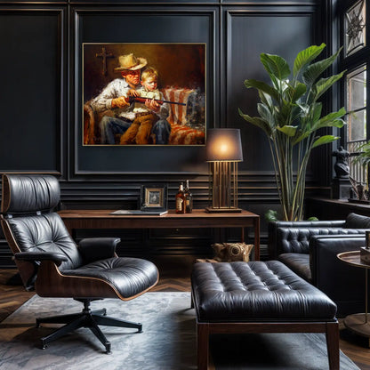 Oil painting of a man and a child holding a rifle in a rustic setting with an American flag and cross. Wall art of grandfather teaching his grandson depicting themes of faith, family, freedom, hunting, and legacy. Western and cowboy wall art. Canvas print from an original oil painting by artist Jerry Markham. Art shown in luxury office decor.