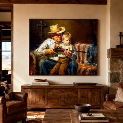Oil painting of a man and a child holding a rifle in a rustic setting with an American flag and cross. Wall art of grandfather teaching his grandson depicting themes of faith, family, freedom, hunting, and legacy. Western and cowboy wall art. Canvas print from an original oil painting by artist Jerry Markham. Art shown in ranch home style decor.