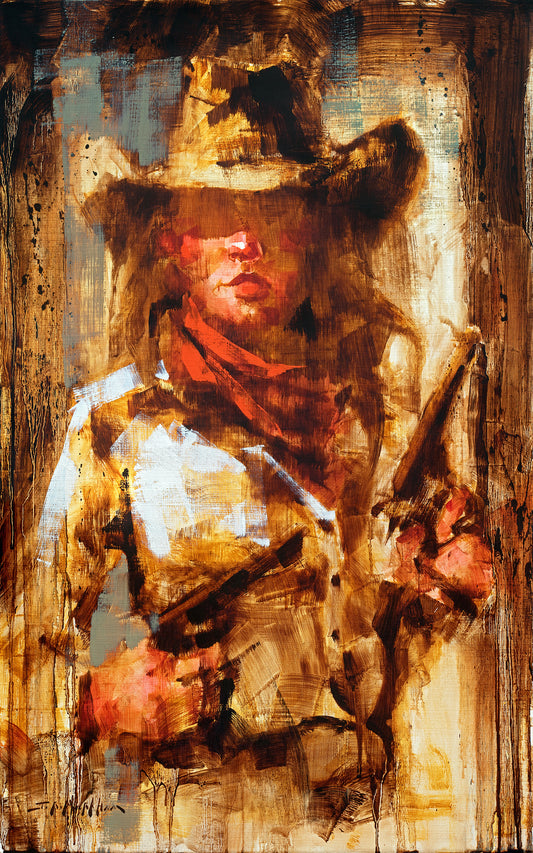 Cowgirl art - Here Comes Trouble - 32x20 - Original oil painting of a cowgirl with guns by Jerry Markham artist - Western art