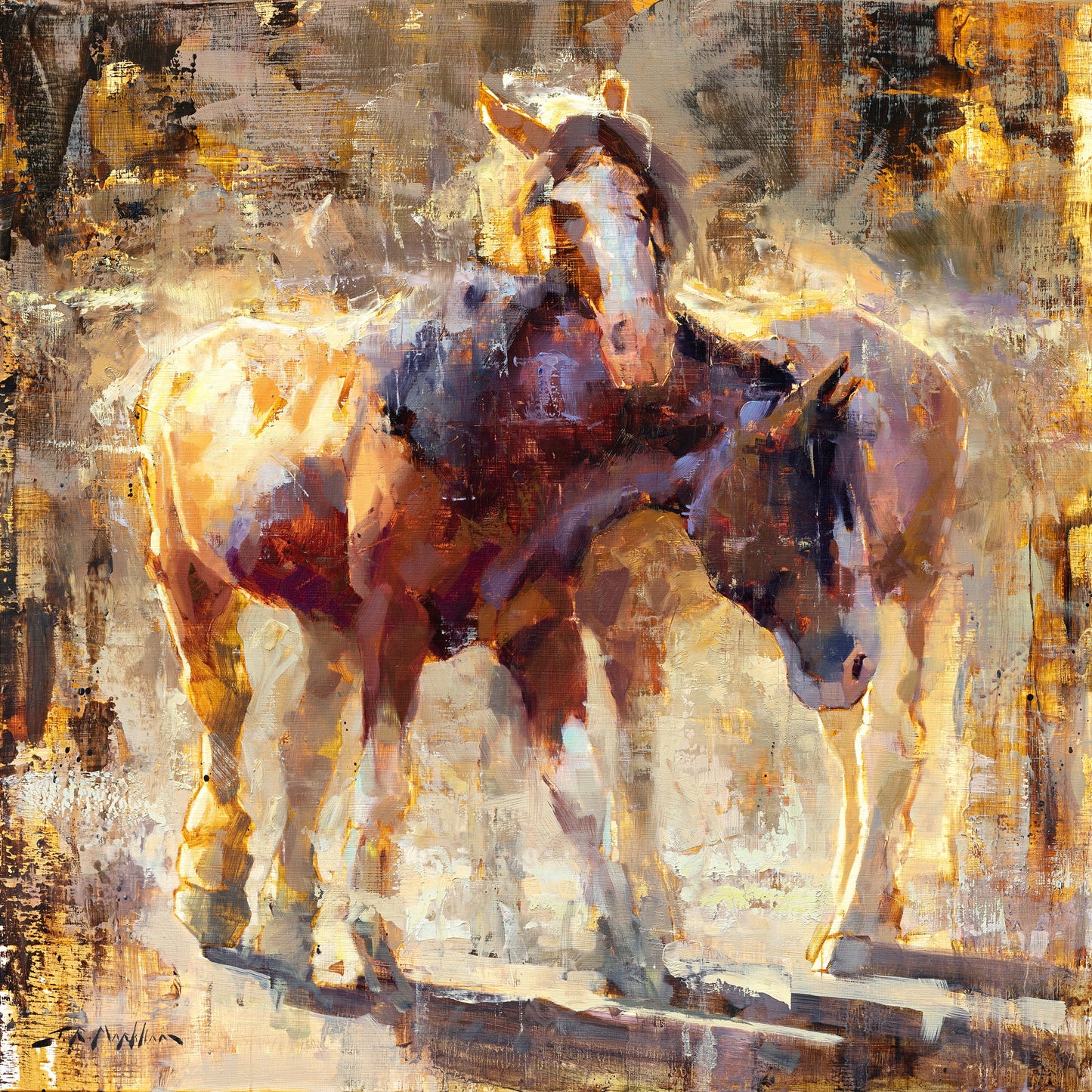Painting of 2 brown horses with one horse resting its head on another horse. This horse wall art available as limited edition canvas print in multiple sizes.