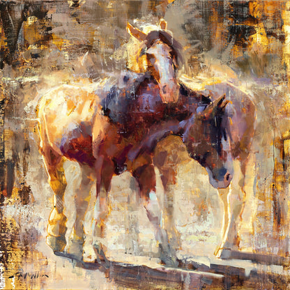 Painting of 2 brown horses with one horse resting its head on another horse. This horse wall art available as limited edition canvas print in multiple sizes.