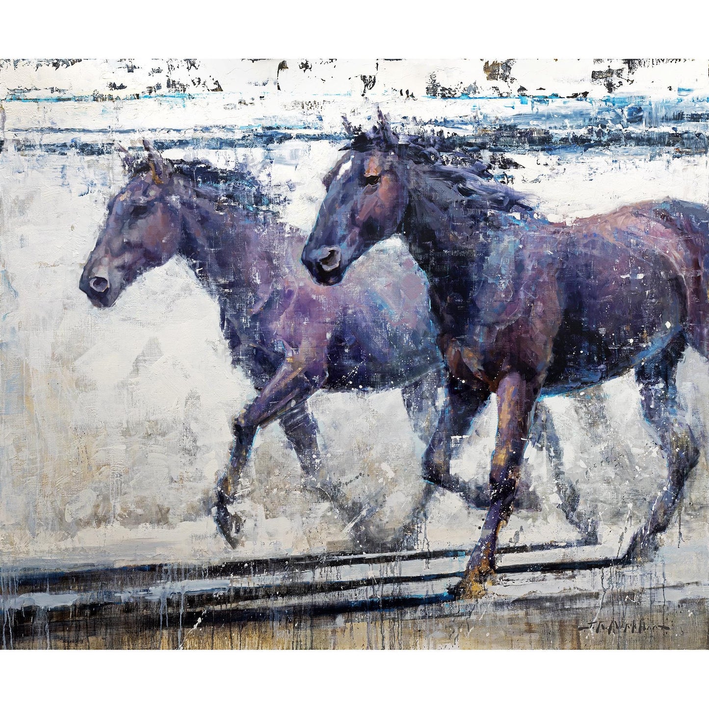 Painting of 2 dark horses running with white background available as a giclee canvas print for large wall art decor. Modern contemporary painting of horses.