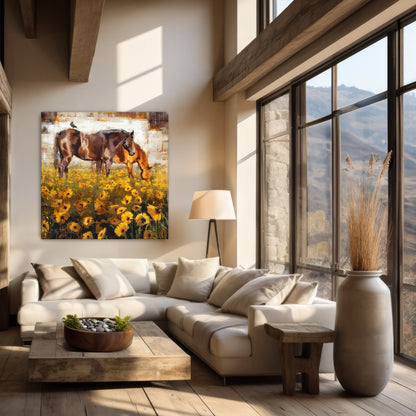 Horse art painting modern impressionist two horses in field of yellow flowers available at limited edition canvas print in multiple sizes. Horse painting shown in modern farmhouse decor.