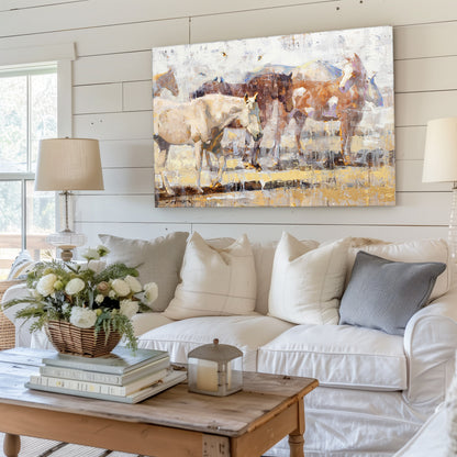 White and brown painting of group of horses available as giclee canvas print in multiple sizes. This horse art shown in modern farmhouse decor.