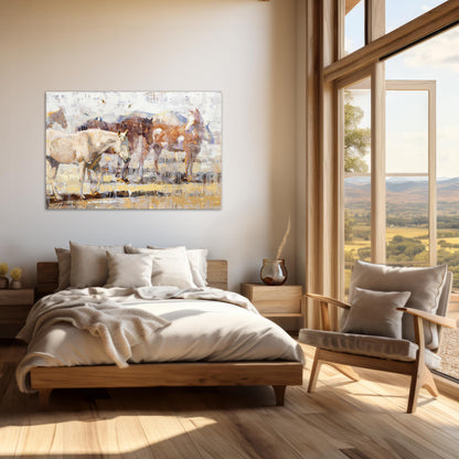 Contemporary impressionist horse painting available as canvas print in multiple sizes. Horse art shown in modern farmhouse bedroom.