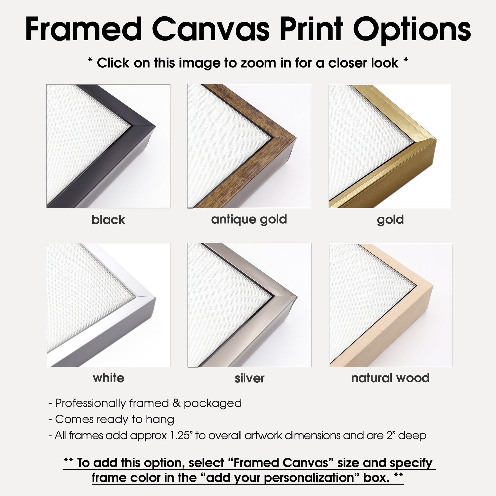 Frame color options available with framed canvas print wall art