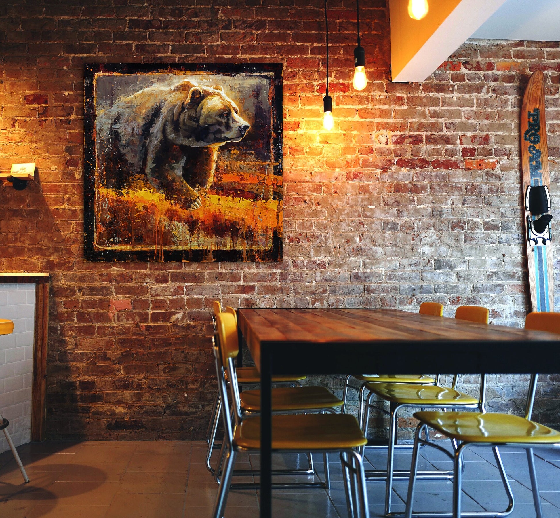 Sample of Autumn Giant grizzly bear at sunset painting print wall art in restaurant