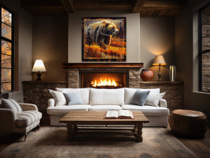 Sample of Autumn Giant grizzly bear at sunset painting print wall art on living room wall