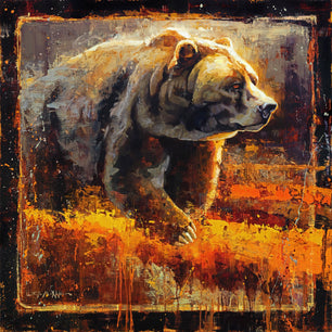 Artwork of a grizzly bear in fall field and glowing from light at sunset. Canvas print from original oil painting by artist Jerry Markham.