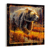 Artwork of a grizzly bear in fall field and glowing from light at sunset. Canvas print from original oil painting by artist Jerry Markham.