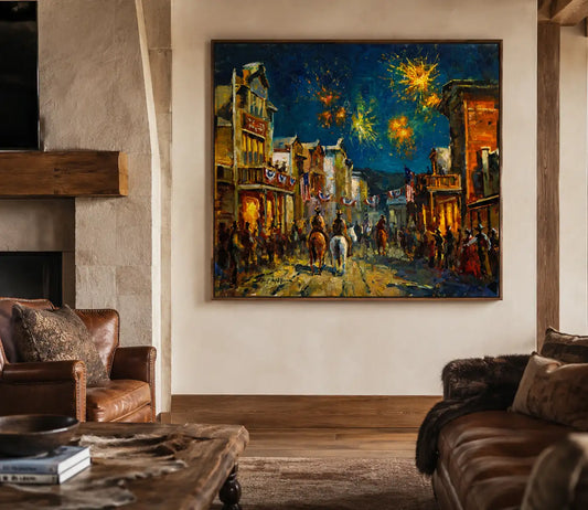 Framed print available in multiple sizes of USA Independence Day Celebration in historic western town at night with fireworks and people and cowboys and horses lining the streets. This western art is available as a canvas print in multiple sizes. Western ranch home decor.