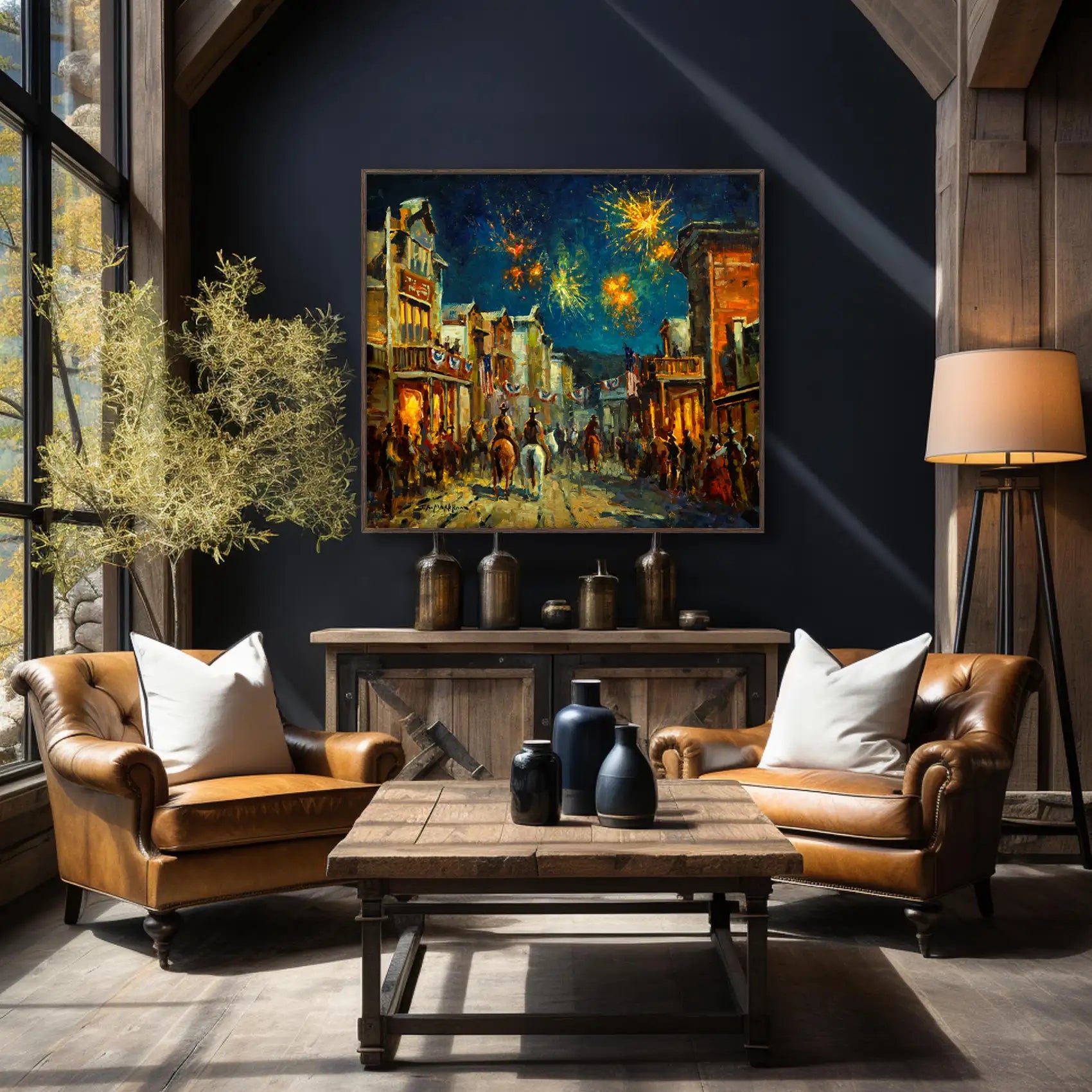 Framed print available in multiple sizes of USA Independence Day Celebration in historic western town at night with fireworks and people and cowboys and horses lining the streets. This western art is available as a canvas print in multiple sizes. Western ranch home decor.