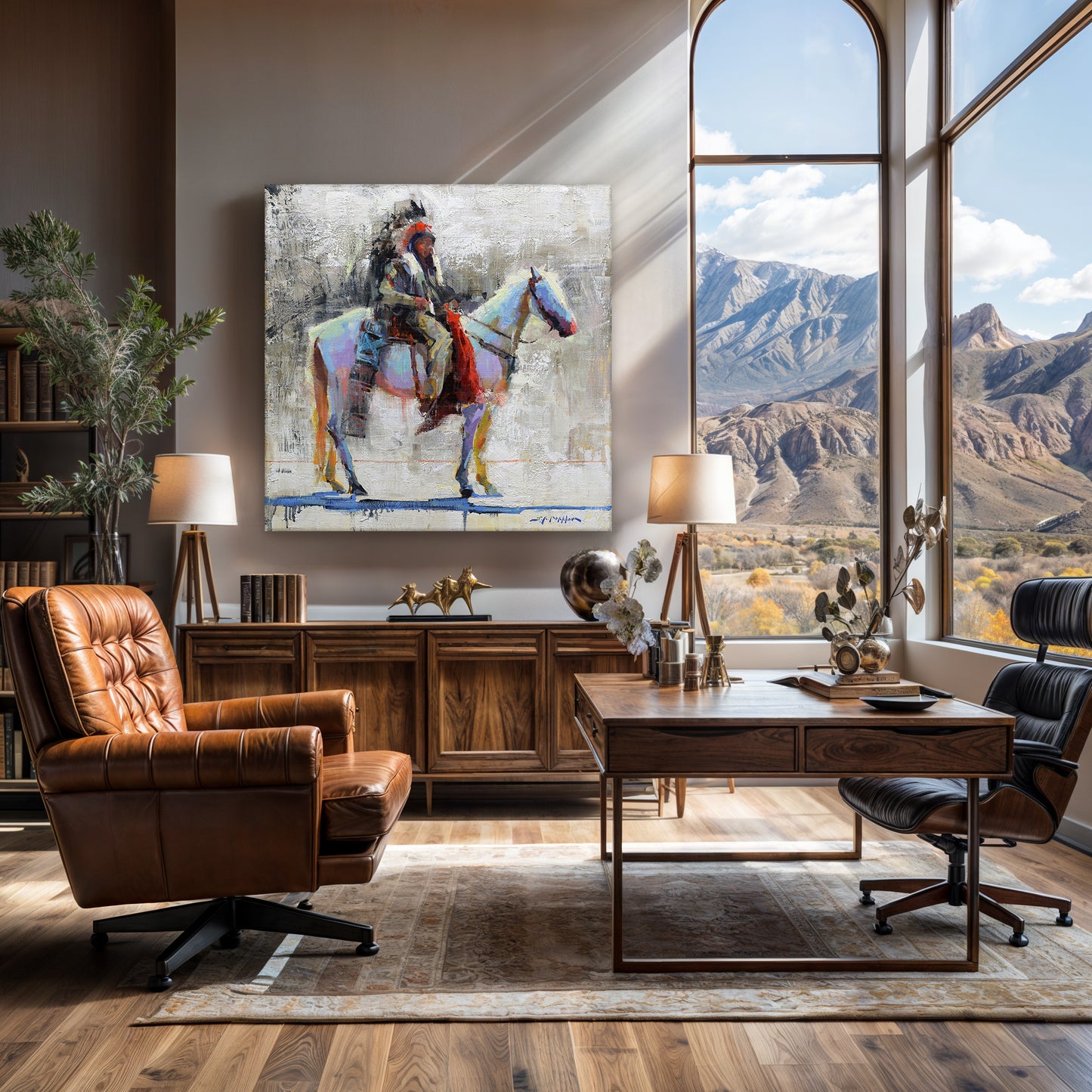 Native american man on white horse western wall art canvas print from original oil painting. Available in multiple sizes.