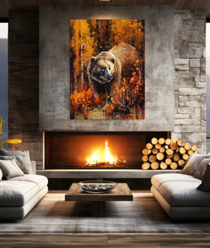 Wildlife wall art print of grizzly bear in fall landscape. Painting available as a canvas print in multiple sizes. Shown in modern home decor. Bear art, wildlife art, large wall art.