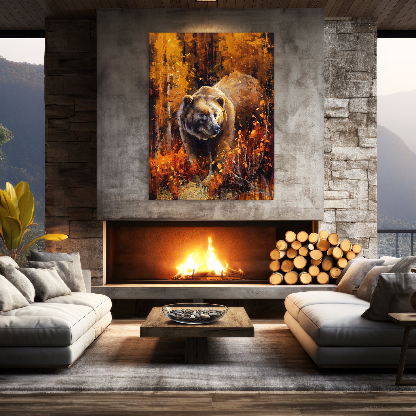 Wildlife wall art print of grizzly bear in fall landscape. Painting available as a canvas print in multiple sizes. Shown in modern home decor. Bear art, wildlife art, large wall art.