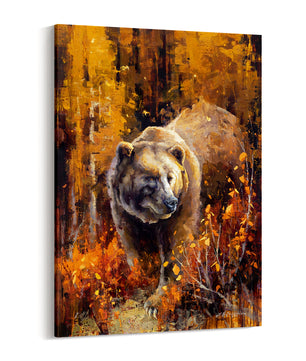 Vertical canvas print wall art decor of brown grizzly bear in fall forest. Available in multiple sizes.