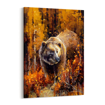 Vertical canvas print wall art decor of brown grizzly bear in fall forest. Available in multiple sizes.