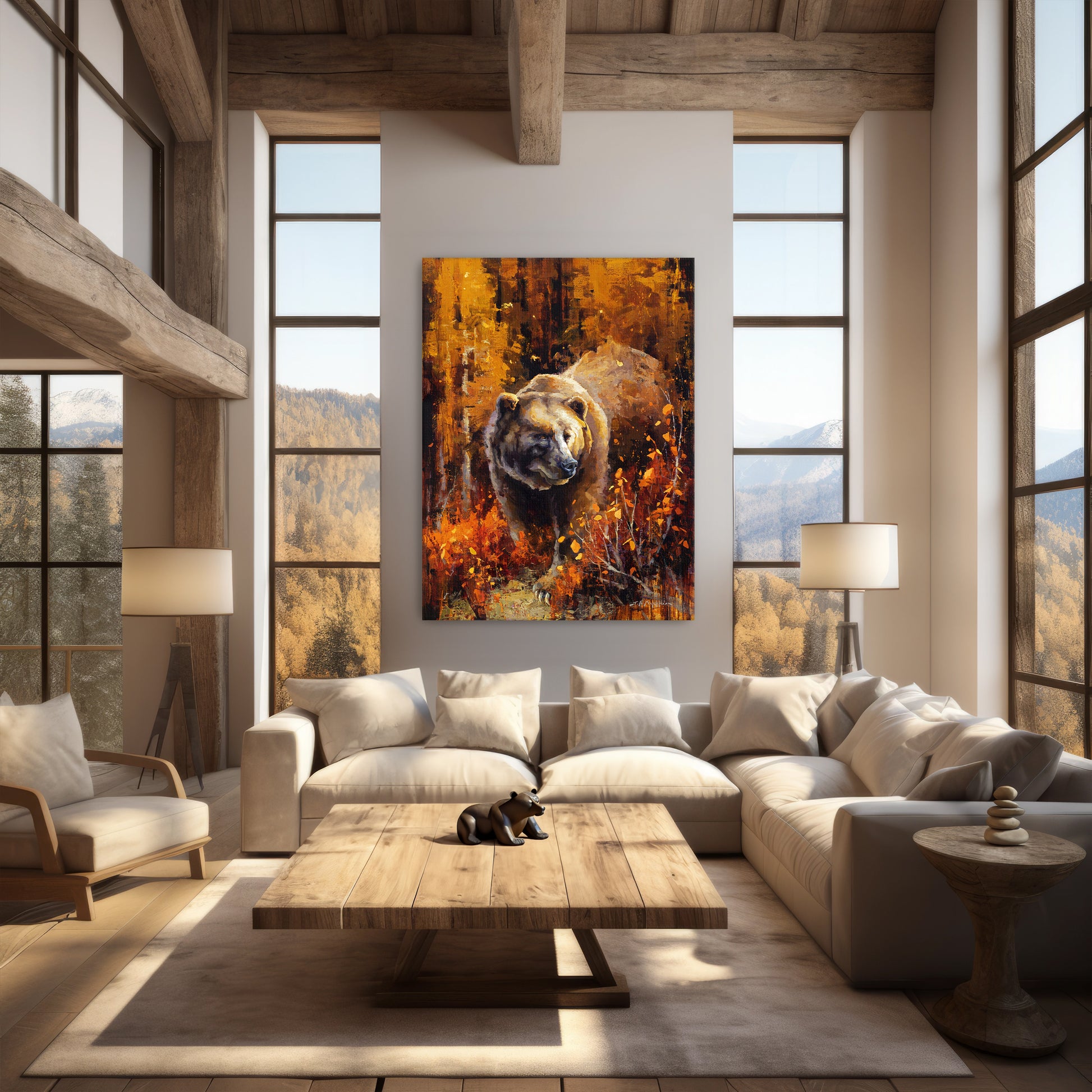 Grizzly bear art painting available as a canvas print in multiple sizes. Shown in modern ranch farmhouse home decor. Bear art, wildlife art, large wall art.
