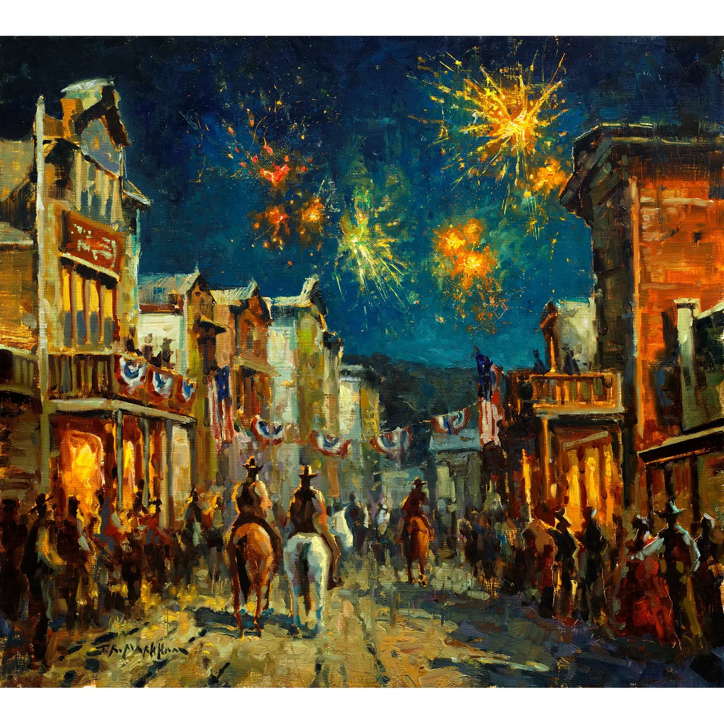 American Independence Day Celebration in historic western town at night with fireworks and people and cowboys and horses lining the streets. This western art is available as a canvas print in multiple sizes. Western ranch home decor.