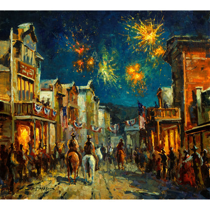 American Independence Day Celebration in historic western town at night with fireworks and people and cowboys and horses lining the streets. This western art is available as a canvas print in multiple sizes. Western ranch home decor.