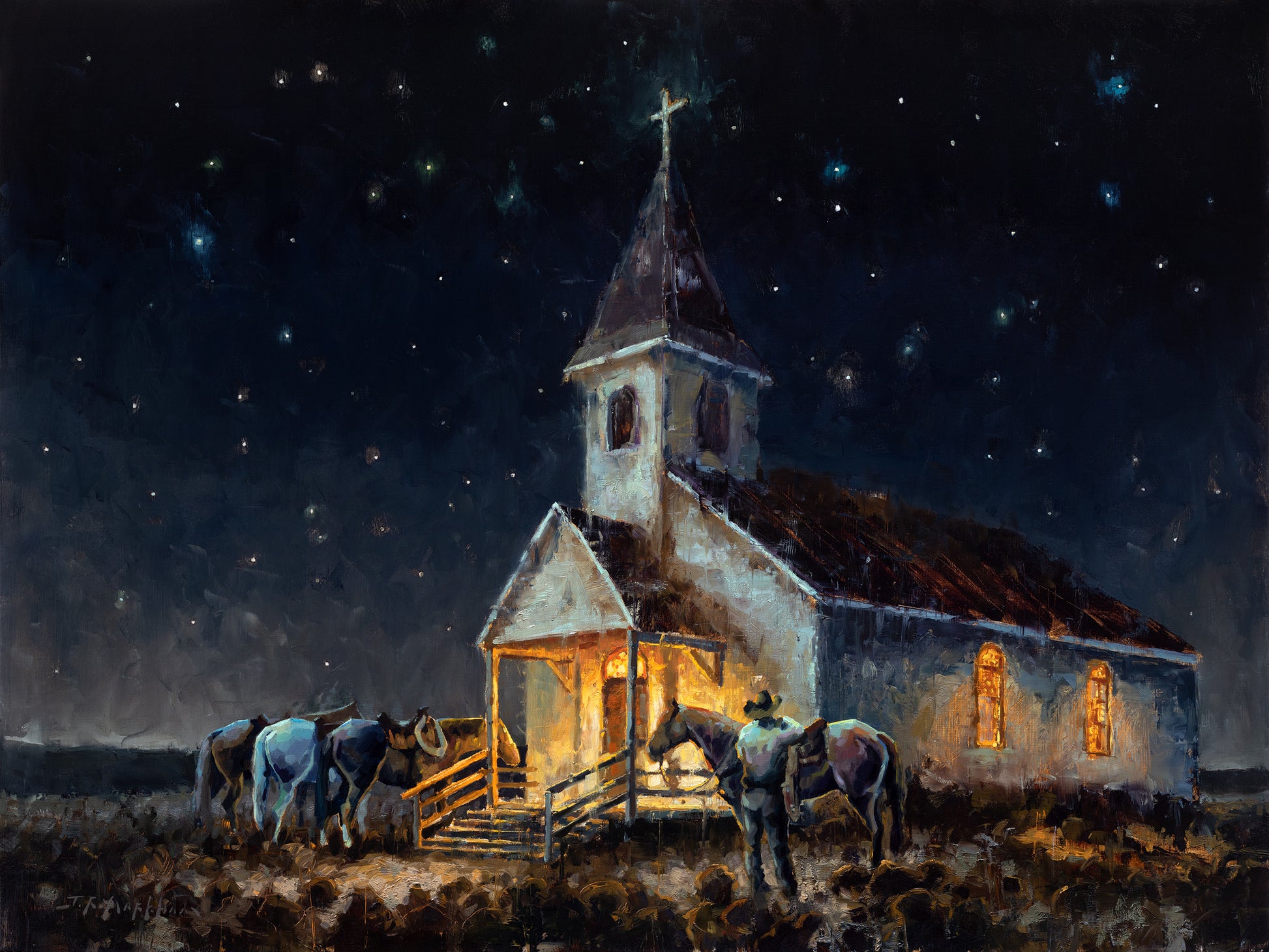 Light in the Dark - 30x40  - Original oil painting of a cowboy and horses outside of a white country church at night by Jerry Markham artist - cowboy art, western art