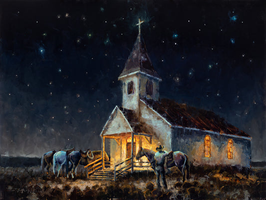 Light in the Dark - 30x40  - Original oil painting of a cowboy and horses outside of a white country church at night by Jerry Markham artist - cowboy art, western art