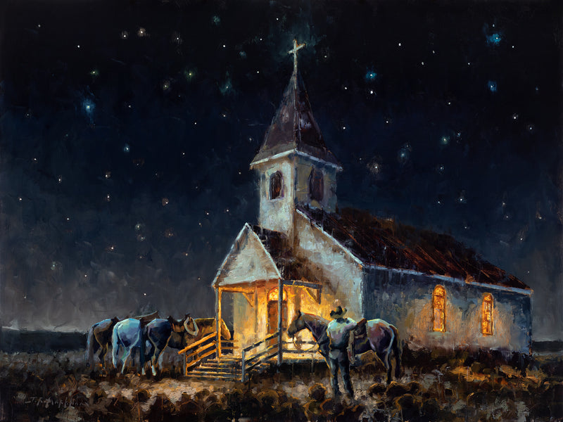Light in the Dark - 30x40  - Original oil painting of a cowboy and horses outside of a white country church at night by Jerry Markham artist - cowboy art, western art