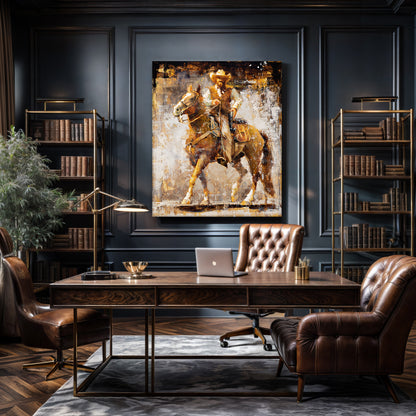 Cowboy art canvas print from original oil painting. Cowboy with gun on horse western wall art available in multiple sizes. Shown in modern rustic office decor.