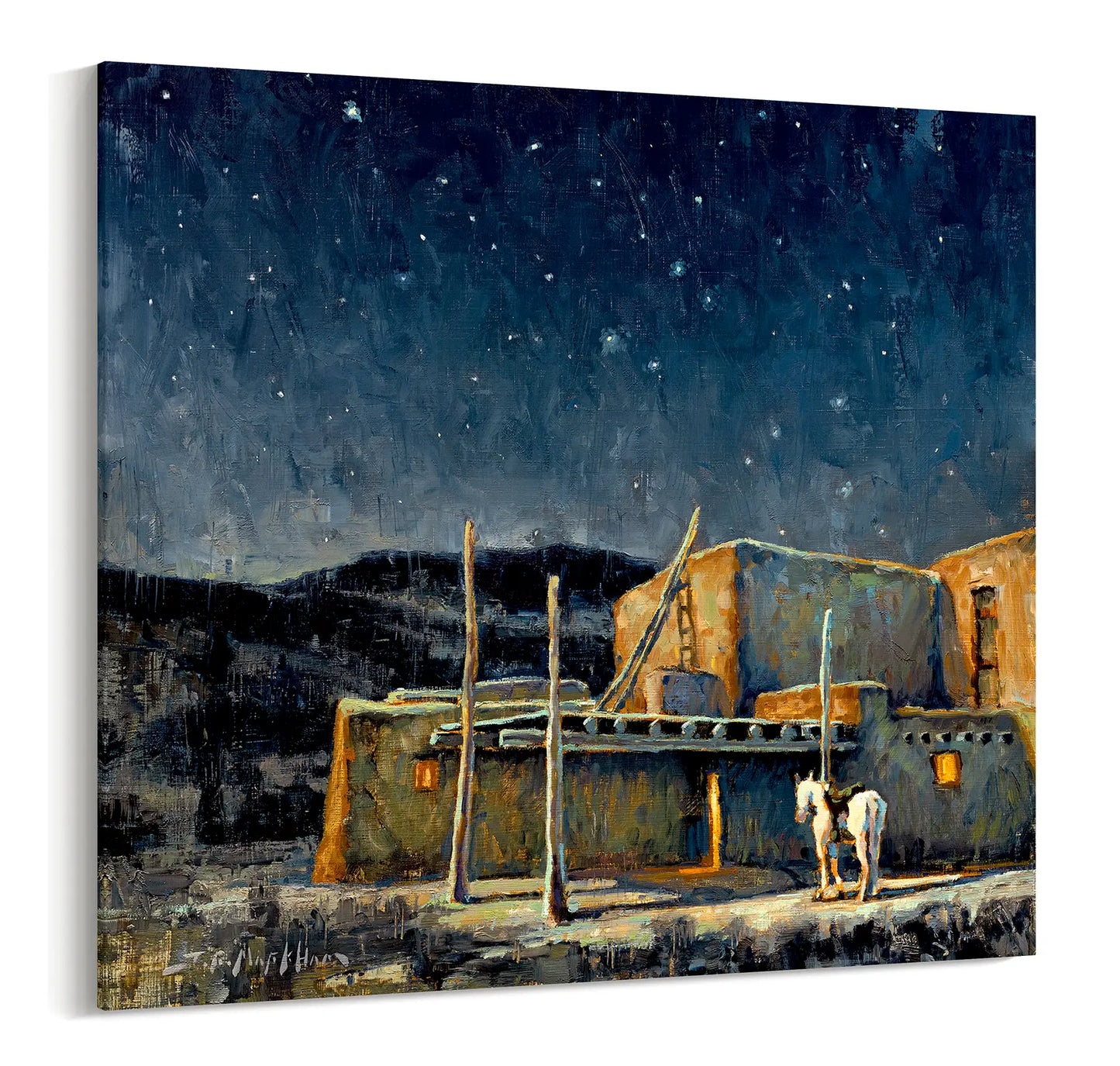 Painting of a rustic landscape with a horse under a starry night sky. Available as a limited edition print. Western wall art with free shipping within the USA.