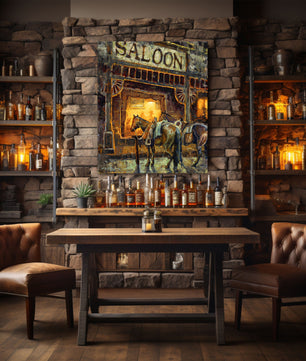 Old west saloon western art canvas print from original oil painting. Western wall art saloon at night with horses waiting outside. Western decor wall art print available in multiple sizes shown in bar room.