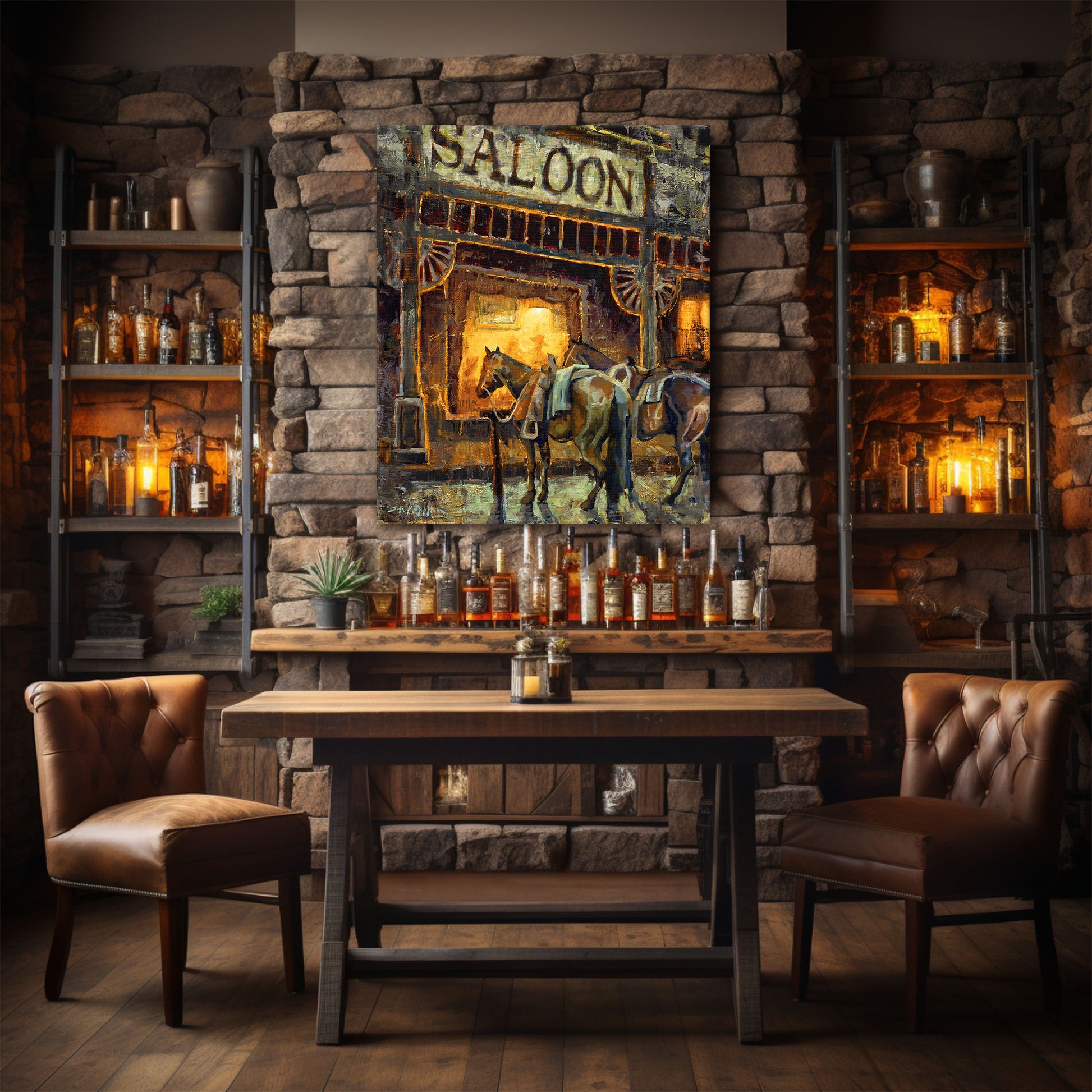 Old west saloon western art canvas print from original oil painting. Western wall art saloon at night with horses waiting outside. Western decor wall art print available in multiple sizes shown in bar room.