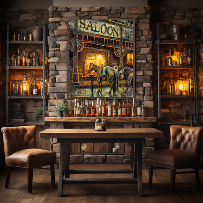 Old west saloon western art canvas print from original oil painting. Western wall art saloon at night with horses waiting outside. Western decor wall art print available in multiple sizes shown in bar room.