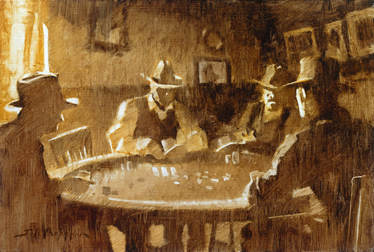 One Down Three To Go - 12x18 - Original western art oil painting of cowboys playing poker by Jerry Markham artist, cowboy art, western poker game, sepia tone