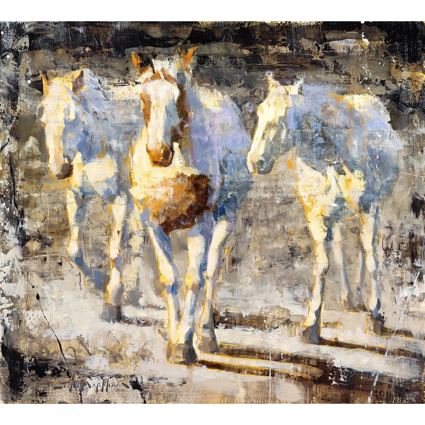 Painting print of three white horses in modern loose style. This horse art is available as canvas print in multiple sizes. Free shipping USA and Canada.