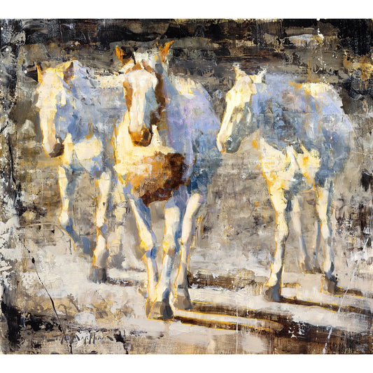 Painting print of three white horses in modern loose style. This horse art is available as canvas print in multiple sizes. Free shipping USA and Canada.