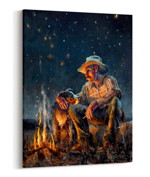 Canvas print of cowboy and dog sitting by a campfire under a starry night sky from original oil painting by Jerry Markham. Available in multiple sizes.
