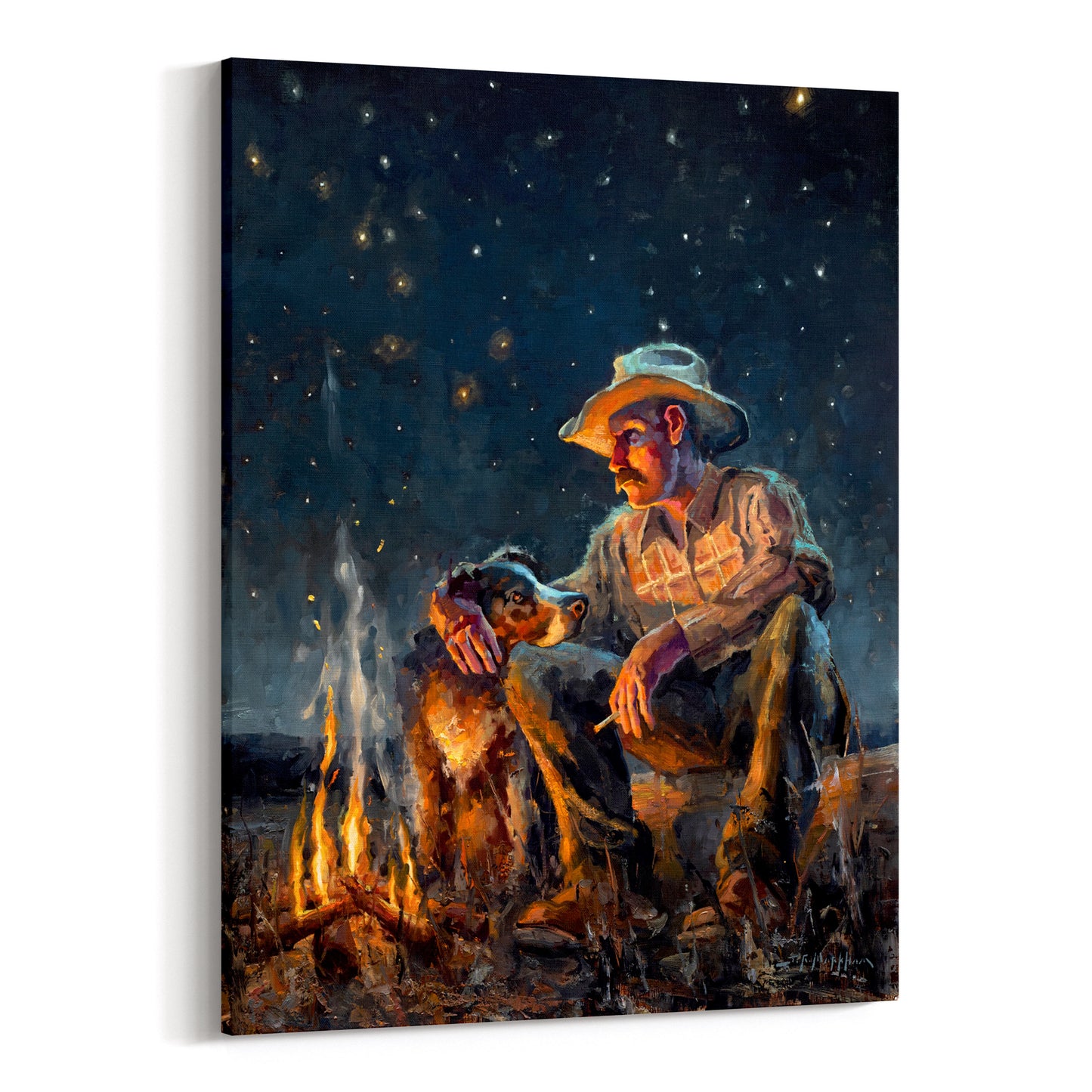 Canvas print of cowboy and dog sitting by a campfire under a starry night sky from original oil painting by Jerry Markham. Available in multiple sizes.