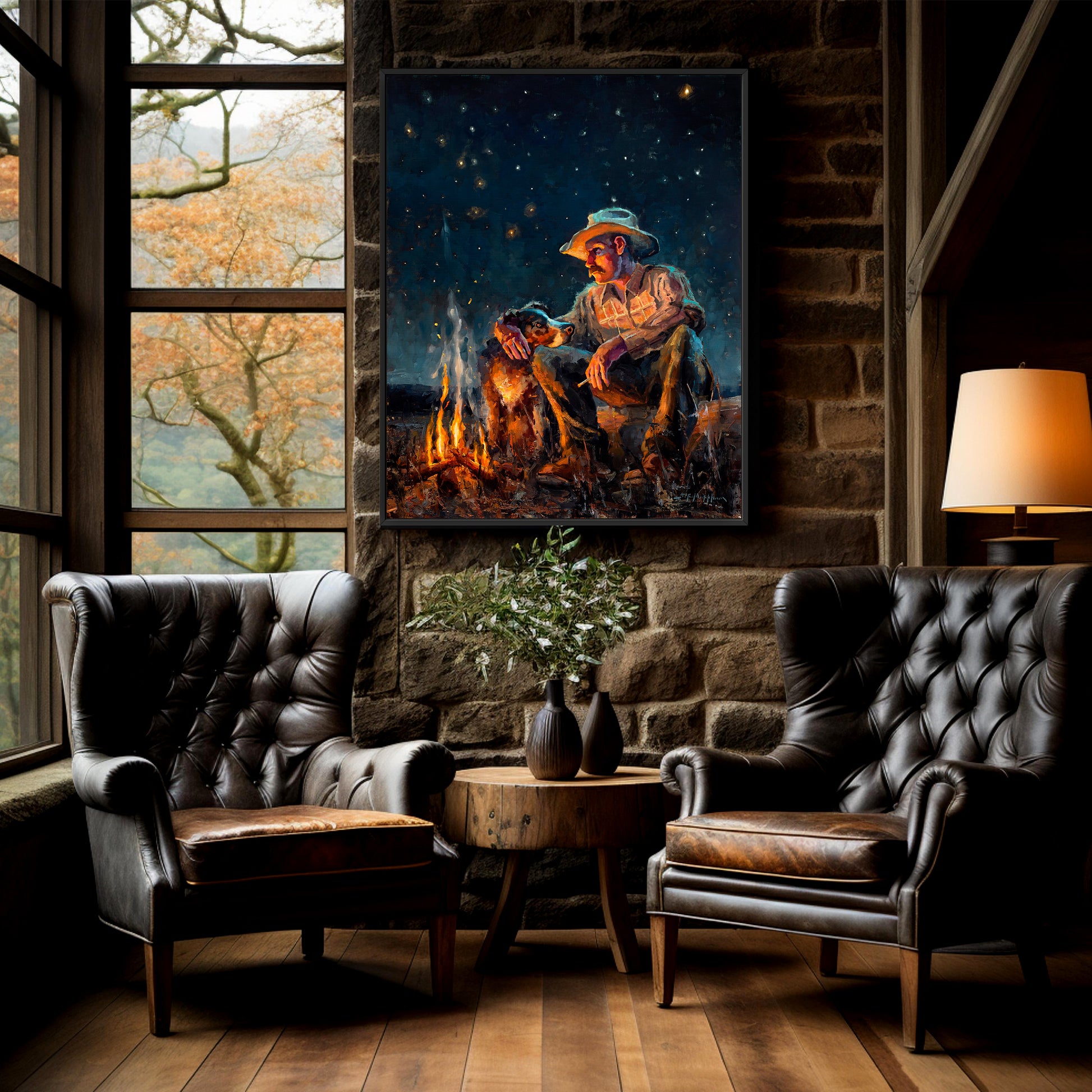 Cowboy art canvas print wall art available in multiple sizes and frame options. From original painting by Jerry Markham of a cowboy with his dog by campfire at night under starry sky with big dipper and north star. This western wall art shown in black frame.