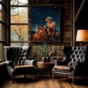 Cowboy art canvas print wall art available in multiple sizes and frame options. From original painting by Jerry Markham of a cowboy with his dog by campfire at night under starry sky with big dipper and north star. This western wall art shown in black frame.