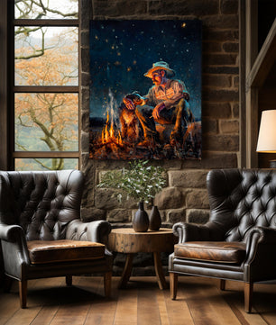 Cowboy art canvas print wall art available in multiple sizes. From original painting by Jerry Markham of a cowboy with his dog by campfire at night under starry sky with big dipper and north star. This western wall art shown in rustic sitting room.