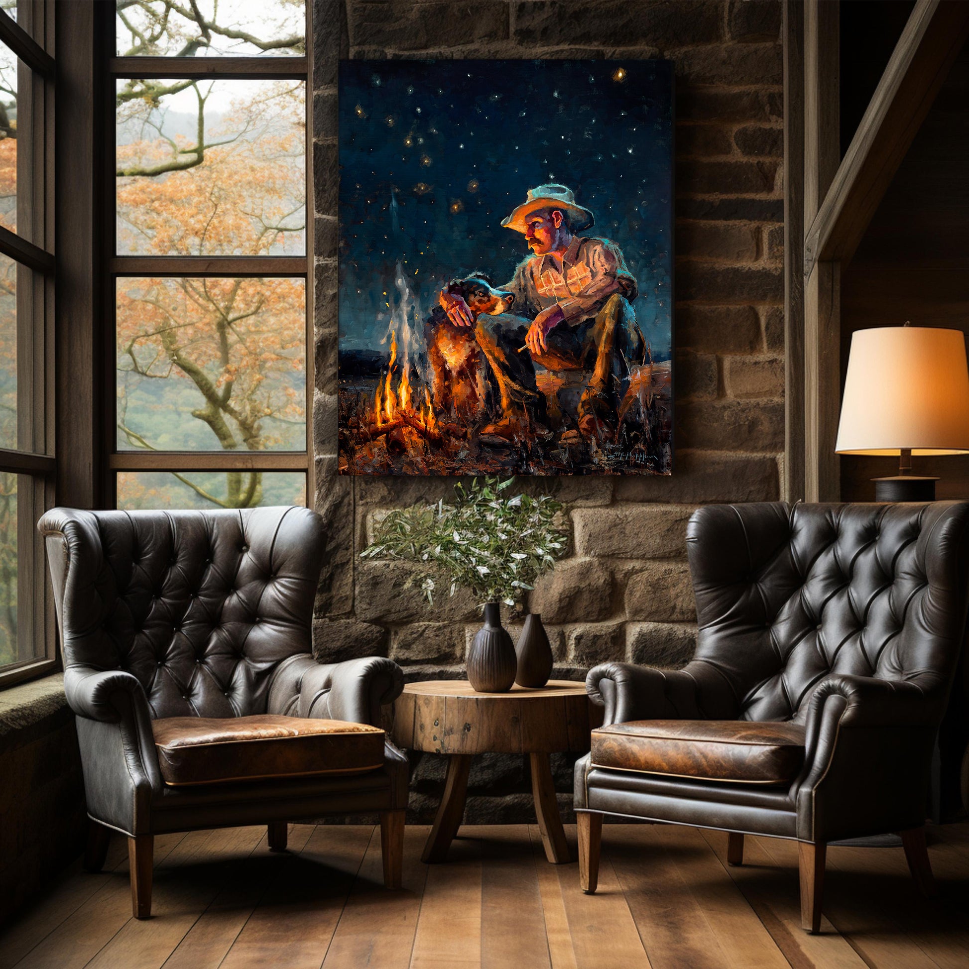 Cowboy art canvas print wall art available in multiple sizes. From original painting by Jerry Markham of a cowboy with his dog by campfire at night under starry sky with big dipper and north star. This western wall art shown in rustic sitting room.
