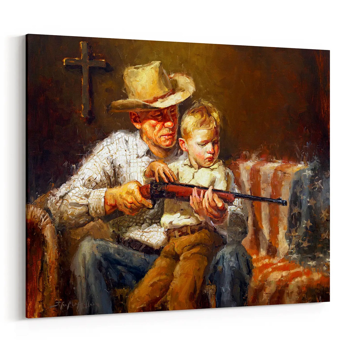Painting of a man and a child holding a rifle, with a cross in the background and an American flag. Available as a high quality giclee canvas print in multiple sizes and framing options. 