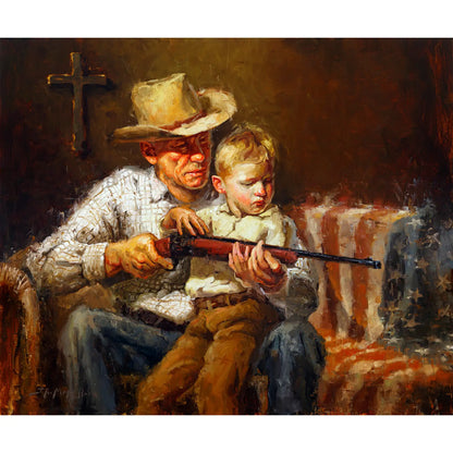 Oil painting of a man and a child holding a rifle in a rustic setting with an American flag and cross. Wall art of grandfather teaching his grandson depicting themes of faith, family, freedom, hunting, and legacy. Western and cowboy wall art. Canvas print from an original oil painting by artist Jerry Markham.