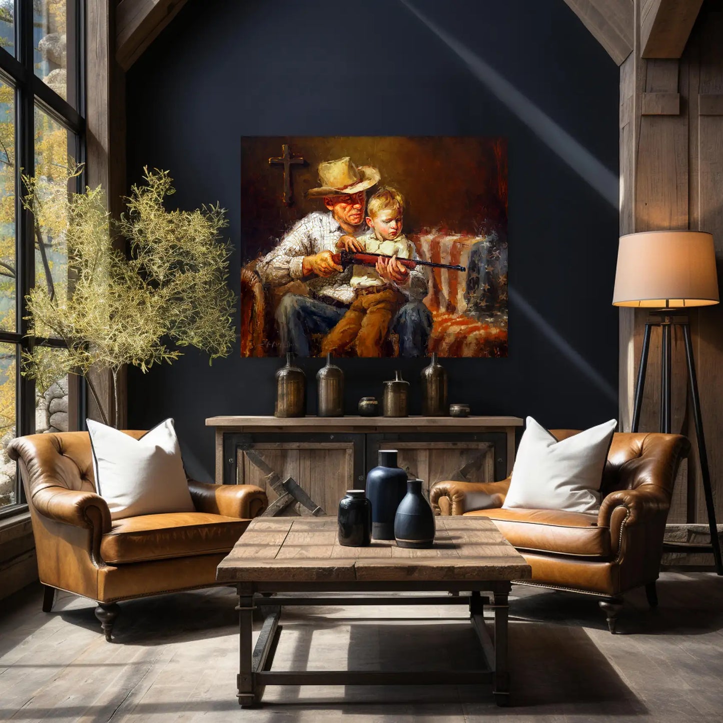 Wall art print of a grandpa with a child, his grandson. Americana art, American pride wall art, western art print, cowboy art print. Available in multiple sizes. Free shipping USA.