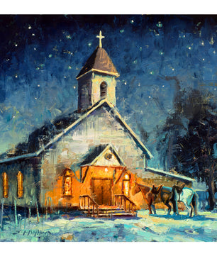 Canvas print of rural white church lit up at night under starry sky with two horses in front. From original oil painting by Jerry Markham. Religious western wall art. Christian western wall art.